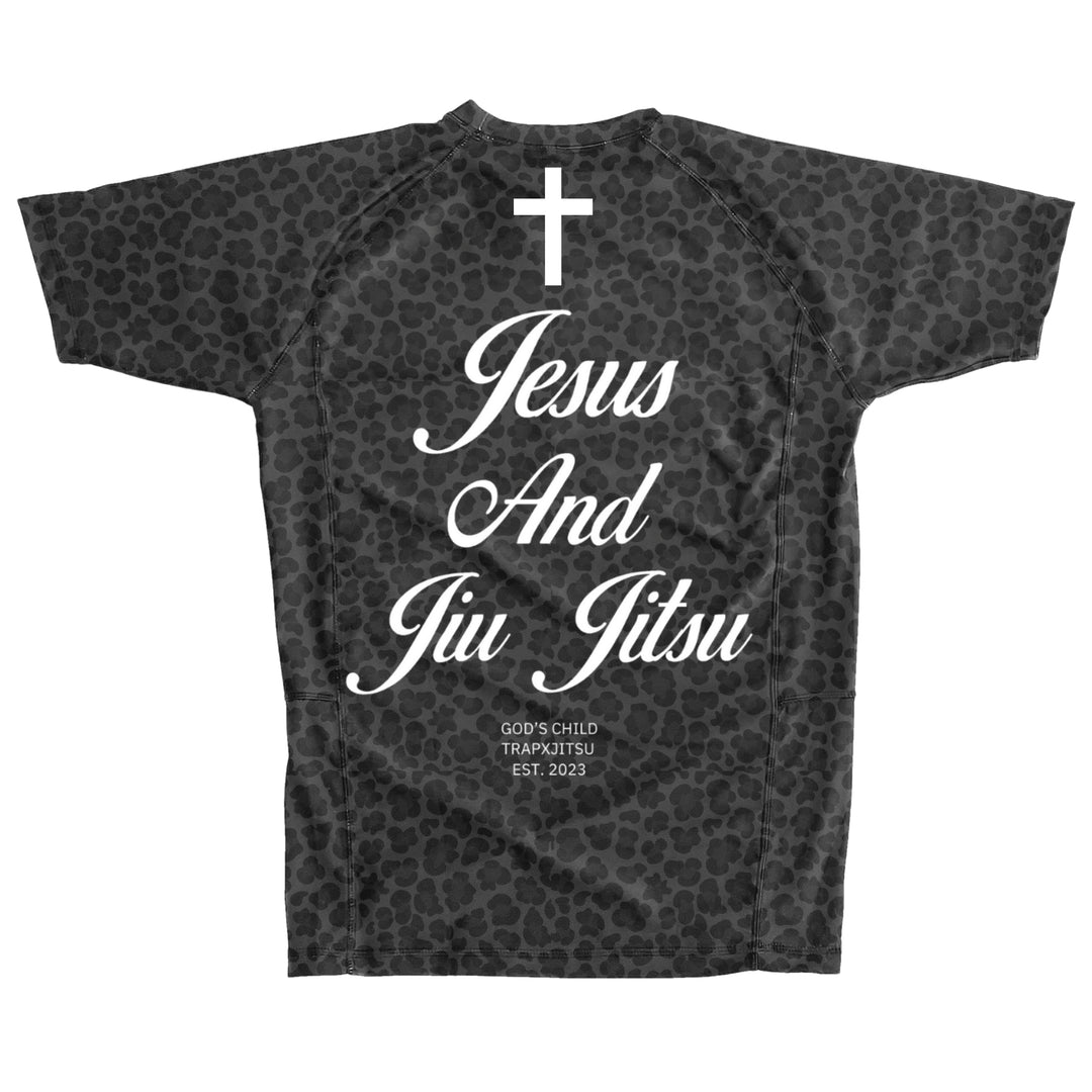 JIU JITSU & JESUS SHORT SLEEVE RASHGUARD - BLACK LEOPARD