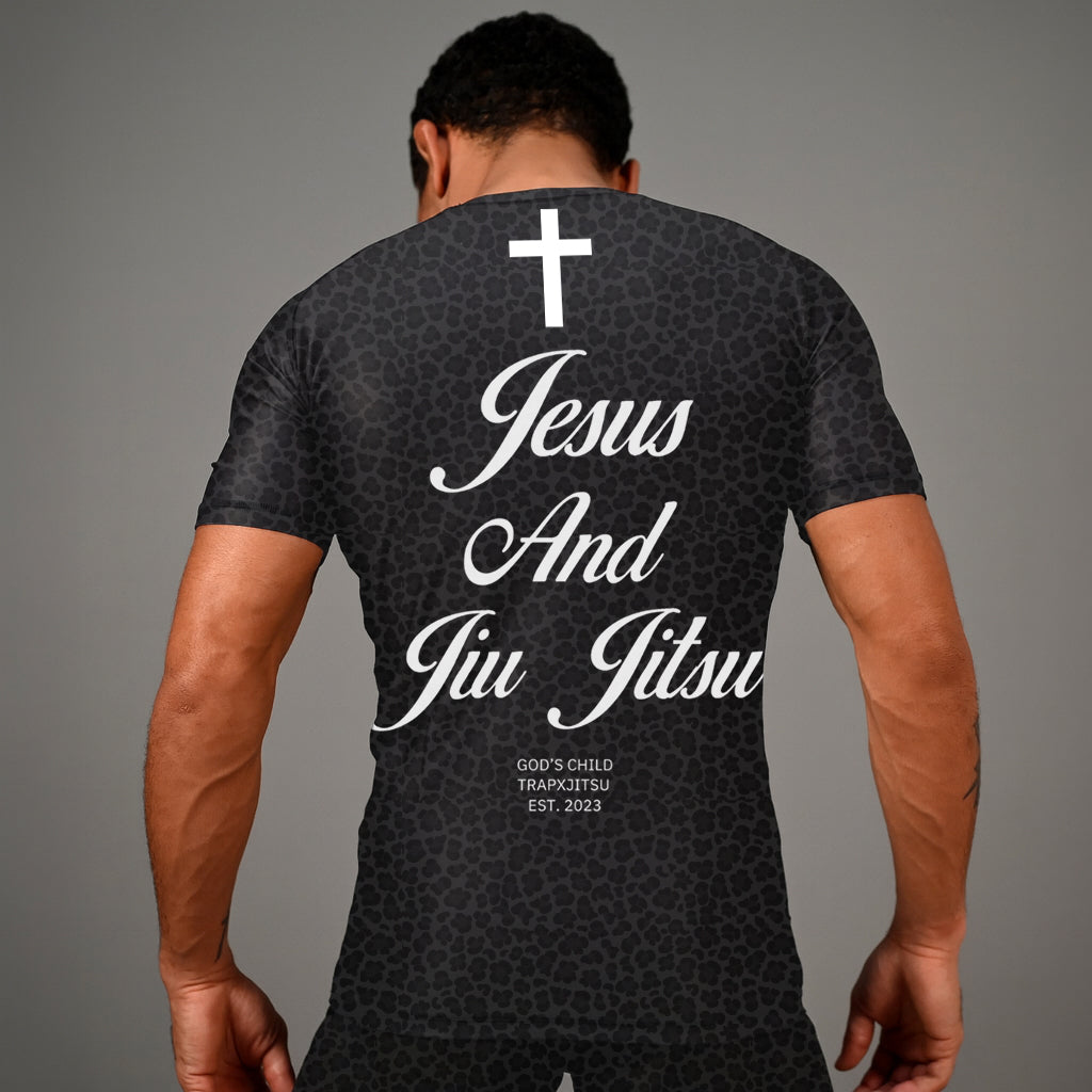 JIU JITSU & JESUS SHORT SLEEVE RASHGUARD - BLACK LEOPARD