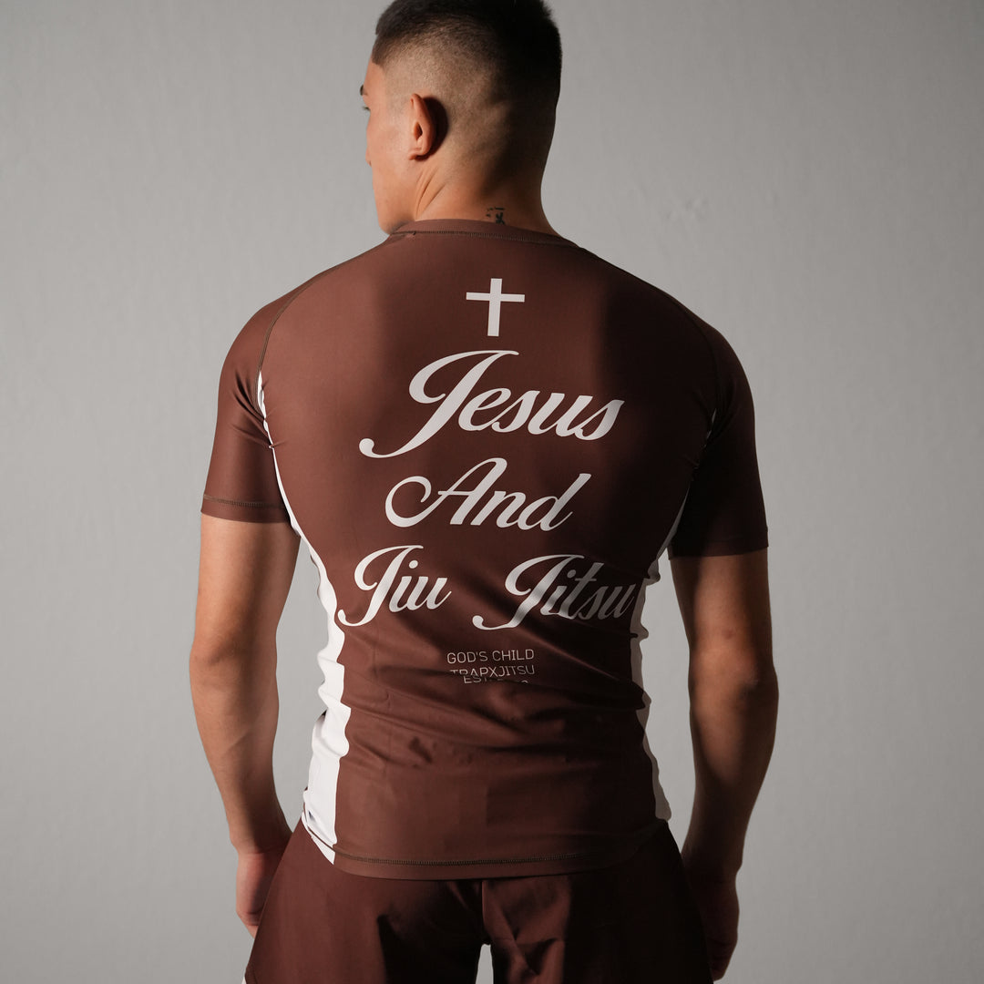 JIU JITSU & JESUS RANKED SHORT SLEEVE RASHGUARD - BROWN