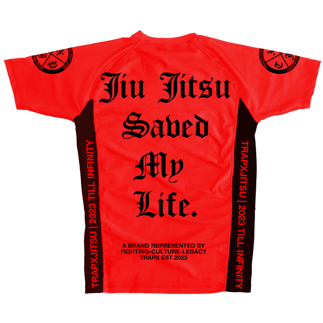 JIU JITSU SAVED MY LIFE SHORT SLEEVE RASHGUARD - RED