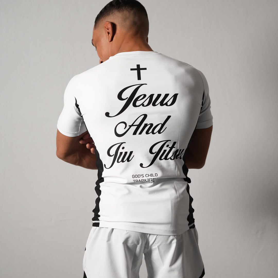 JIU JITSU & JESUS RANKED SHORT SLEEVE RASHGUARD - WHITE